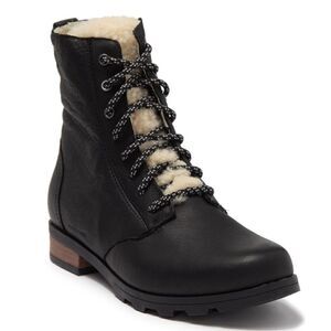 SOREL Emelie Genuine Shearling Lamb Fur Short Lace-Up Boot, Black, Size 8.5, NWT